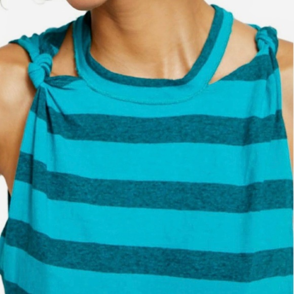 Free People Twist Knot Cutout Teal Blue Striped Sleeveless Crew Neck Tank Top - Picture 4 of 9